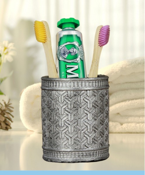 Diş Fırçalığı Tezgah Üstü Gümüş Eskitme Renk Diş Fırçası Standı Y Desenli Model